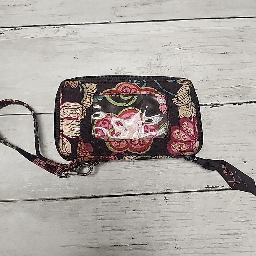 VERA BRADLEY Wristlet Wallet Brown Pink Floral Zip Change Purse Keychain Vintage